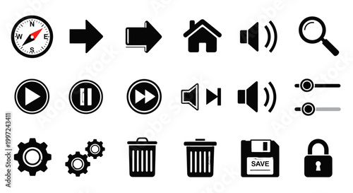 Comprehensive Set of Black User Interface Icons for Media Playback and Settings on an Isolated White Background