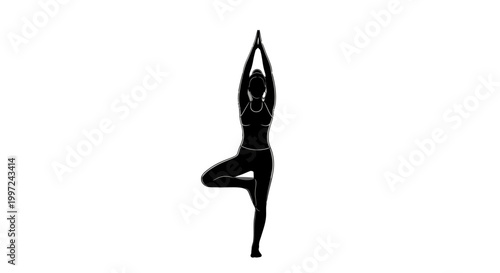 Silhouette of a Woman Gracefully Performing Tree Pose Yoga for Balance and Peace on an Isolated White Background