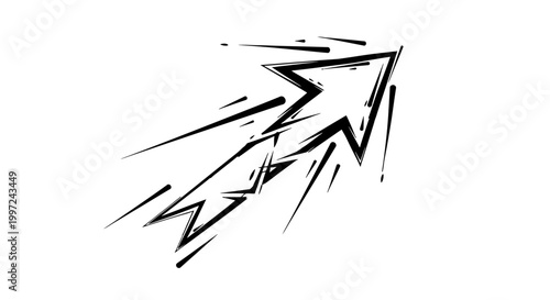 Black abstract sharp arrow with bursting speed lines indicating aggressive forward motion, isolated white background