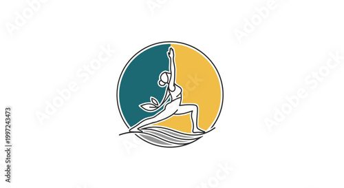 Woman practicing yoga balance pose with abstract teal and yellow circular background, isolated white background