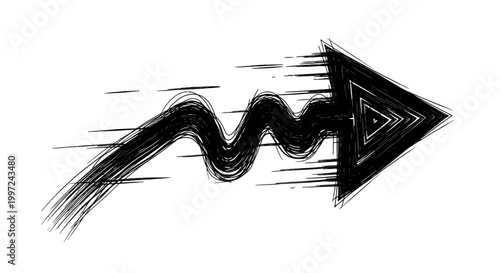 Black abstract textured brushstroke arrow indicating forward movement, isolated white background