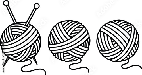 Yarn Ball and Knitting Needles Icon Set in Outline Style Vector Illustration for Crafting, Handmade Textile, Crochet, and Sewing Design