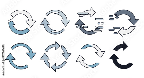 Set of blue and grey circular refresh and reload arrows icons, isolated white background