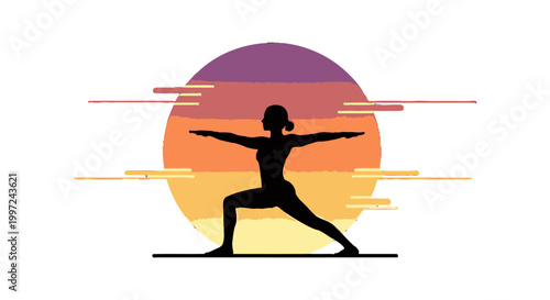 Serene Woman Silhouette in Warrior II Yoga Pose Against Vibrant Sunset Background