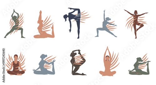 Diverse Collection of Women Silhouettes Practicing Yoga Poses in Earthy Tones on isolated white background