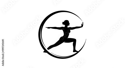 Focused Woman Silhouette in Warrior II Yoga Pose within Circle on isolated white background