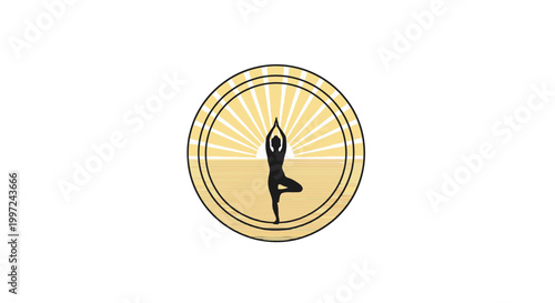 Woman Silhouette in Yoga Tree Pose within Golden Sunburst Circle on isolated white background