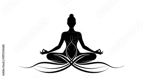 Elegant Woman Silhouette Meditating in Lotus Yoga Pose with Abstract Swirls on isolated white background