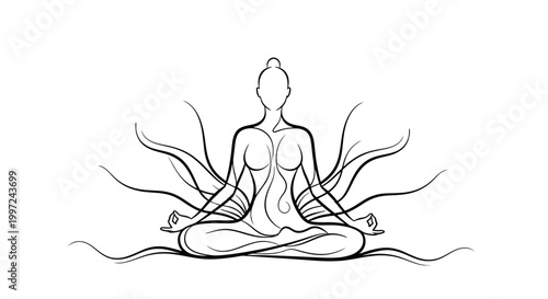 Woman Meditating in Lotus Pose with Abstract Flowing Lines on Isolated White Background, symbolizing inner peace and spiritual connection.