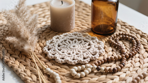 Boho Decor Flatlay with Macrame Coaster, Pampas Grass, Amber Glass Bottle, Ceramic Beads and Neutral Candle on Woven Rattan in Soft Natural Light
