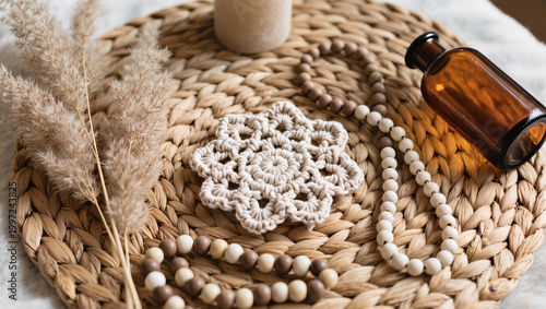 Boho Decor Flatlay with Macrame Coaster, Pampas Grass, Amber Glass Bottle, Ceramic Beads and Neutral Candle on Woven Rattan in Soft Natural Light