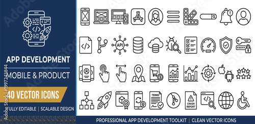 Comprehensive collection of 40 clean line vector icons for diverse app development, mobile product management, and digital technology solutions, ideal for a professional toolkit