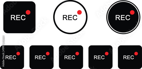REC Recording Icon Set with Red Dot in Flat Style Vector Illustration for Video Capture, Camera Interface, Live Streaming, and Media Production Design