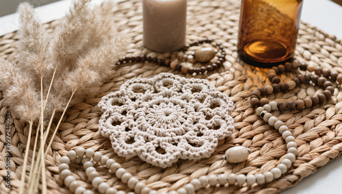 Boho Decor Flatlay with Macrame Coaster, Pampas Grass, Amber Glass Bottle, Ceramic Beads and Neutral Candle on Woven Rattan in Soft Natural Light