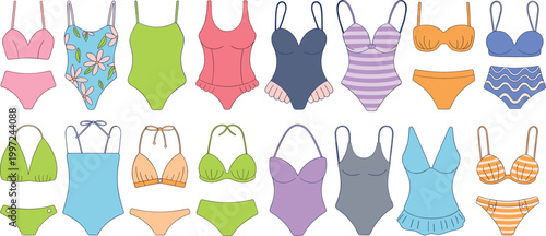 Swimwear vector set, women bikini and one piece swimsuits, colorful beach fashion collection for summer design illustration