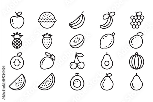 Fruit Food Icons Apple Banana Watermelon Healthy Set