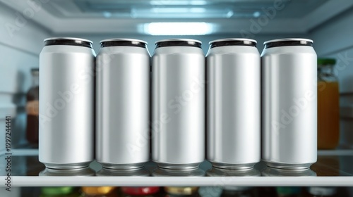 Blank aluminum cans in row on refrigerator shelf mockup for branding