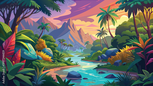 Beautiful tropical jungle landscape with a flowing river and palm trees under a colorful sunset sky in a wild nature scene Vector