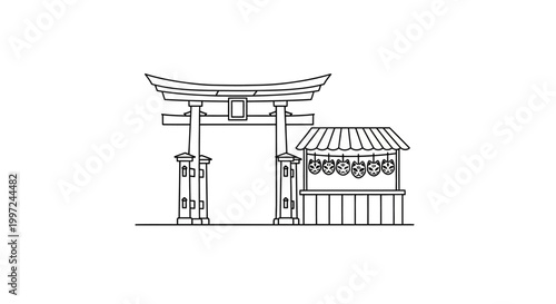 Minimalist Black and White Illustration of Japanese Torii Gate and Shrine.