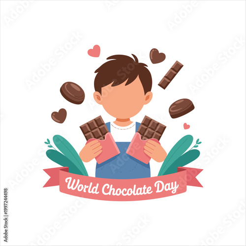 World Chocolate Day Cute Boy Holding Chocolate Bars Illustration on White Background