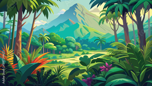 Beautiful tropical jungle landscape with green palm trees and a large mountain in the background under a bright sunny sky Vector