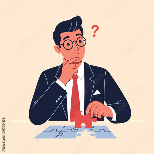 Businessman in a suit thinking and trying to solve a puzzle