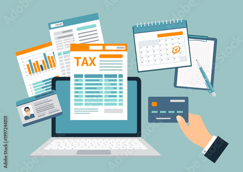 Tax payment concept  with paper documents, forms, calendar, laptop, and bank card