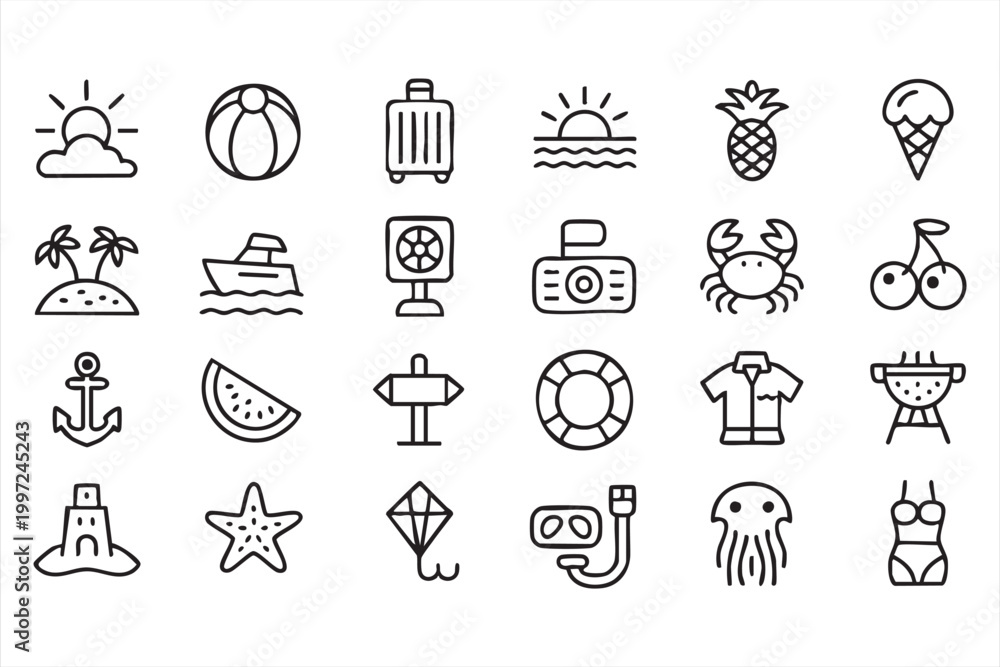 Fototapeta premium Summer Beach Vacation Icons Travel Holiday Seaside Collection