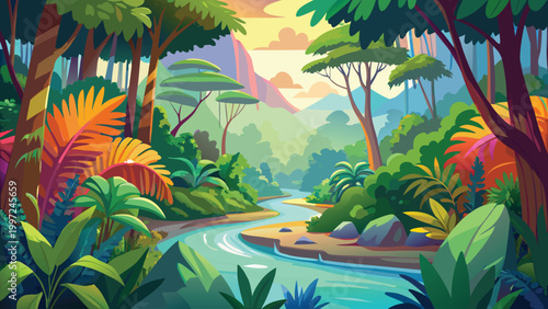 Beautiful lush tropical jungle landscape with a calm flowing river and bright sunlight shining through the dense green trees Vector