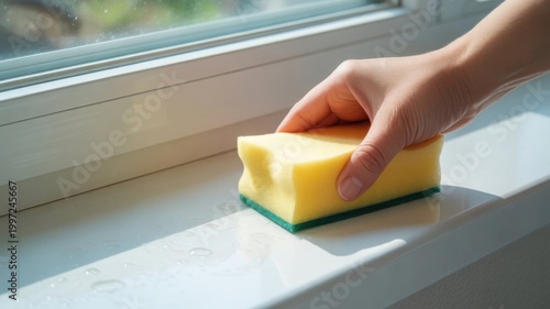 Hand holds melamine sponge near white windowsill in daylight and shows practical home cleaning routine for dust and stains.