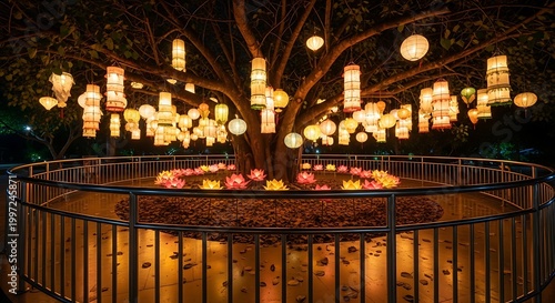 Beautiful Illuminated Tree Decorated with Traditional Lanterns and Lotus Lights at Night
