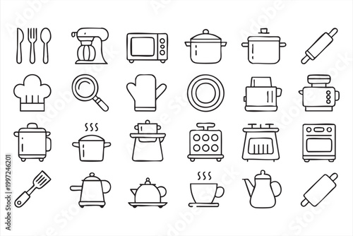 Cooking Equipment And Kitchen Tools Outline Icons Collection