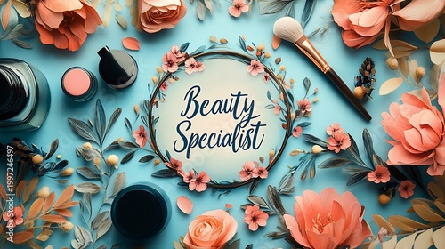 Beauty specialist concept makeup, flowers, and text.