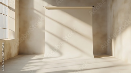 Beige paper backdrop hanging in studio with window, light beams, for portraits