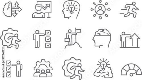Human Intelligence and Business Brain Concept Icon Set, Professional Thin Line Strategic Thinking and Mind Performance Symbols Isolated on White Background Vector