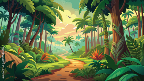 Beautiful tropical jungle landscape with a winding dirt path through lush green palm trees under a warm morning sky Vector