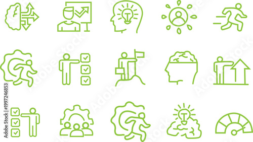 Professional Brain Intelligence and Strategic Thinking Icon Set, Light Green Thin Line Mind Performance and Management Symbols Isolated on White Background