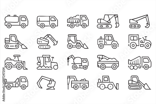 Engineering Transport Line Icons Dump Truck Excavator Crane Set