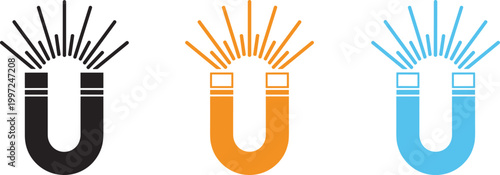 Magnet Icon Set with Magnetic Field Lines in Flat Style Vector Illustration for Physics, Science Education, Attraction Force, and Technology Design