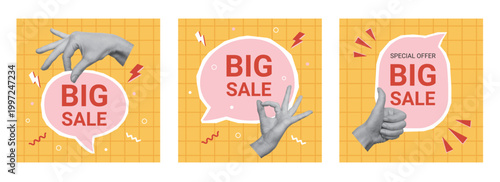 Set of shopping sale banners with cut out hands. Template for flyer, banner, poster, social media. Vector illustration