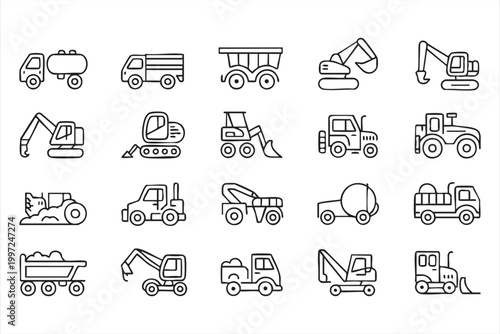 Heavy Equipment Line Icons Excavator Bulldozer Crane Truck Set