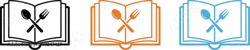Cookbook Recipe Icon Set with Spoon and Fork in Outline Style Vector Illustration for Food Guide, Cooking Instructions, and Menu Design