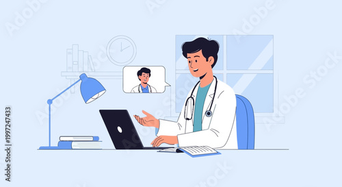 Doctor consulting patient online via video call on laptop, telemedicine concept