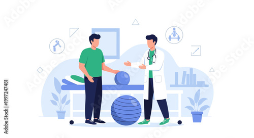 Doctor consulting patient with exercise ball in physiotherapy clinic, rehabilitation concept