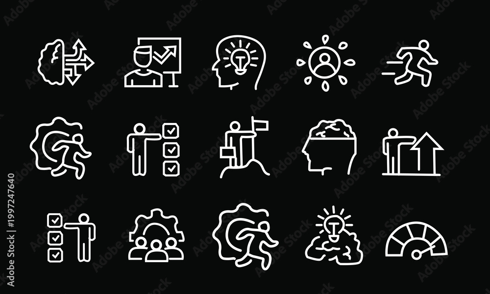 Fototapeta premium White Business Strategy and Growth Icon Set on Black Background Featuring Creative Thinking and Leadership Web Icon Minimal Outline Drawing