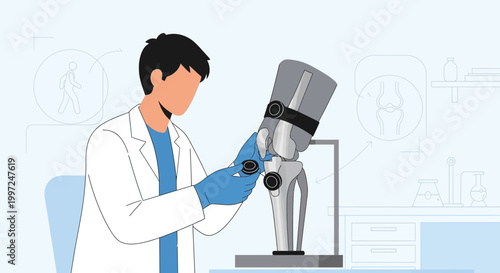 Doctor examining knee joint model with sensors in laboratory, medical research concept