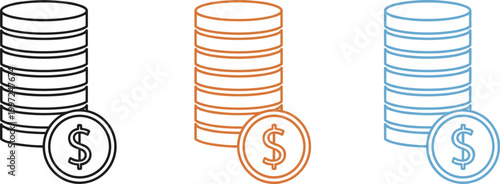 Coin Stack Money Icon Set in Outline Style Vector Illustration for Finance, Savings, Investment, Banking, and Currency Design Elements