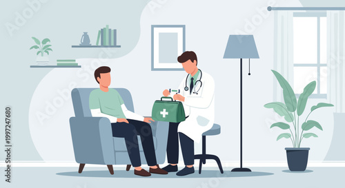 Doctor examining patient in living room, first aid kit, healthcare concept