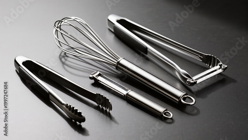 Chrome Kitchen Tools Flatlay with Whisks, Peelers and Tongs on Black Matte Surface Highlighting Reflective Metal Shine and Clean Minimal Composition