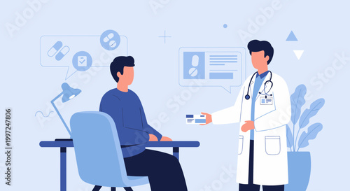 Doctor giving prescription medicine to patient in clinic, healthcare consultation and medical treatment